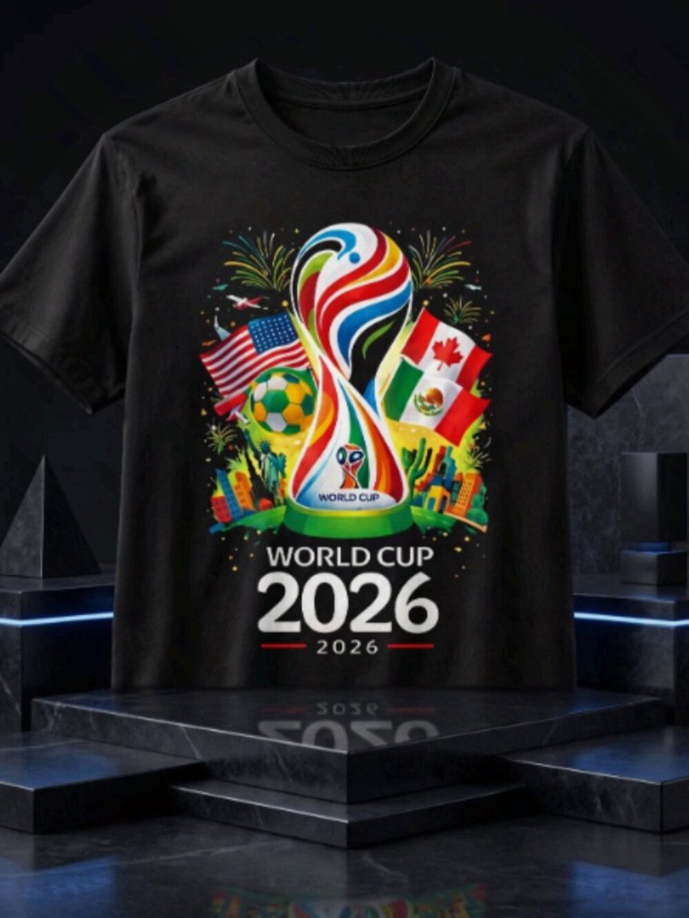 2026 World Cup Soccer Graphic Black T-Shirt USA Canada Mexico